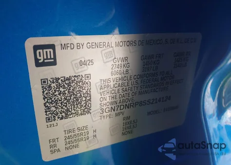 2025 Chevrolet Equinox Ev Lt 2 из США, поврежденный, VIN 3GN7DNRP8SS214124